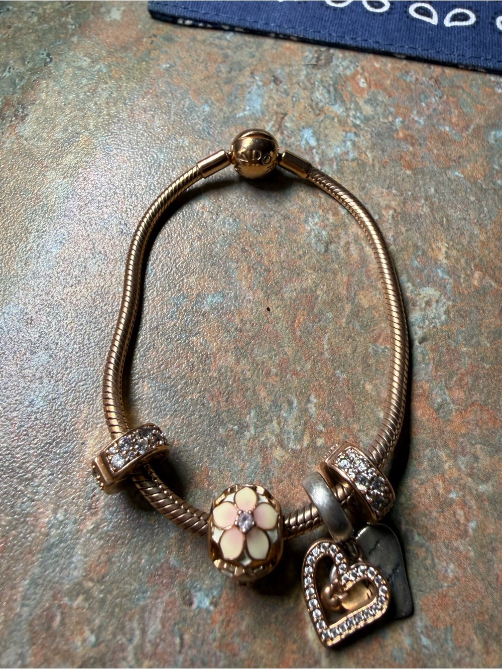 Pandora Rose Gold Charm Bracelet with Floral Enamel and Heart Charms